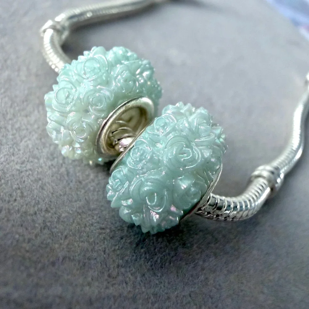 2 PCs Mint Green Iridescent Rose Flower Beads Floral Charm fits PANDORA